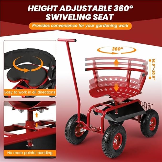 ERGOMASTER Garden Seat with Wheels Outdoor Gardening Wagon Scooter 2 Steering Handles 360° Swivel Workseat &amp Tool Storage Use for Patio Yard Lawn Red