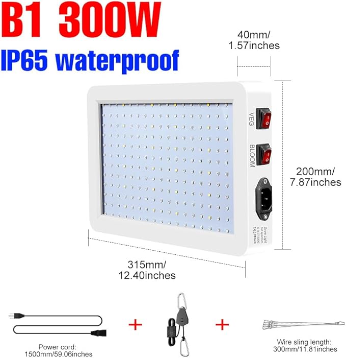 300W Green Gorw Light LED Full Spectrum Indoor Planting Lamps UV IR Plant Panel Lights Veg/Bloom 2Modes Dimmable AC100-277V Sunlight Fill Lighting Red Bule Greenhouse Tent Hydroponic with Hook US Plug