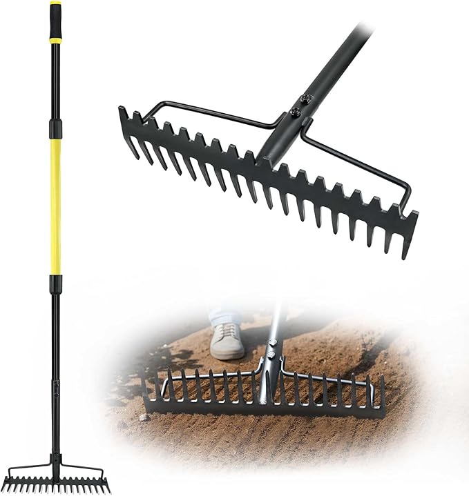 Jardineer Bow Rake Heavy Duty Long Handle Metal Rakes for Gravel Rocks Lawns Leaves Soil Leveling Landscaping Garden Rake with 18 Steel Tines (59 Inches)