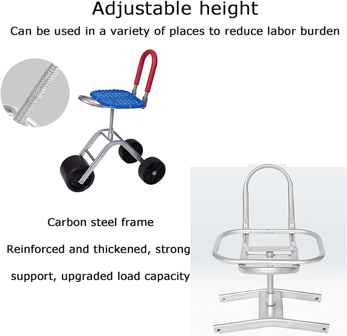 Gardening Seat with WheelsRolling Stool 36-48Cm Adjustable Height Portable Storagefor Lawn Yard Patio HomeRed