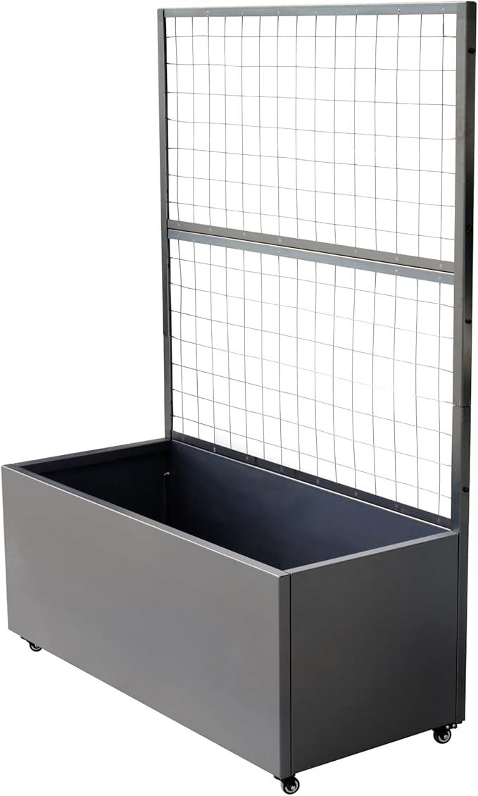 Metal Rolling Planter Box with Lattice Trellis Modern Steel Planter Box Trellis Corten Trough Planter with Casters 66” x 46” x 21” (Original Metal)