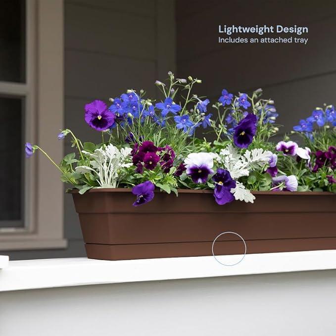 Bloem Dura Cotta Window Box Planter: 24 - Chocolate - with Tray Weatherproof Resin Box Removable Tray for Indoor &amp Outdoor Use Gardening 3 Gallon Capacity