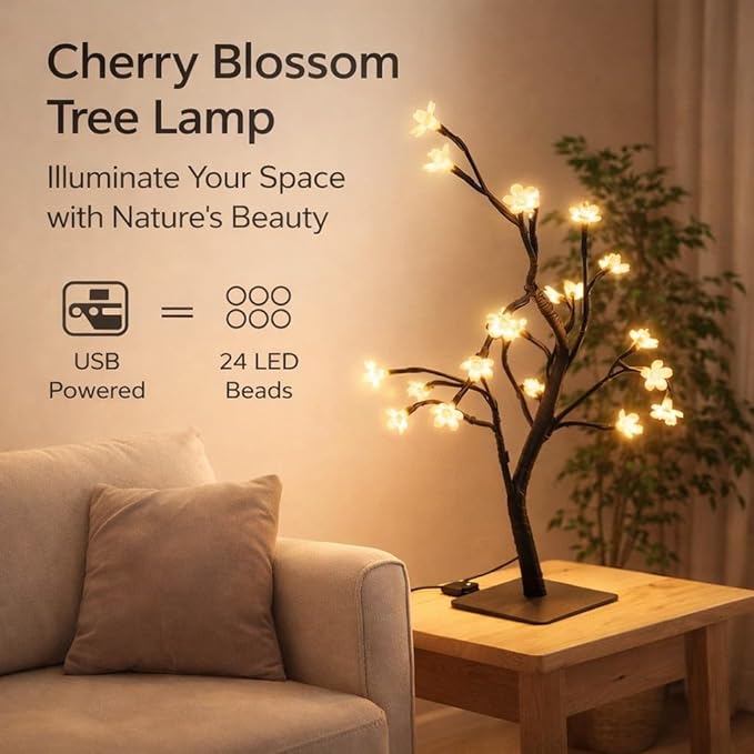 Cherry Blossom Decor Bonsai Tree Lamp with 24 Warm White LED Lights USB Powered 12.6 Inch - Twinkling Lights Flexible Design Romantic Home Decoration