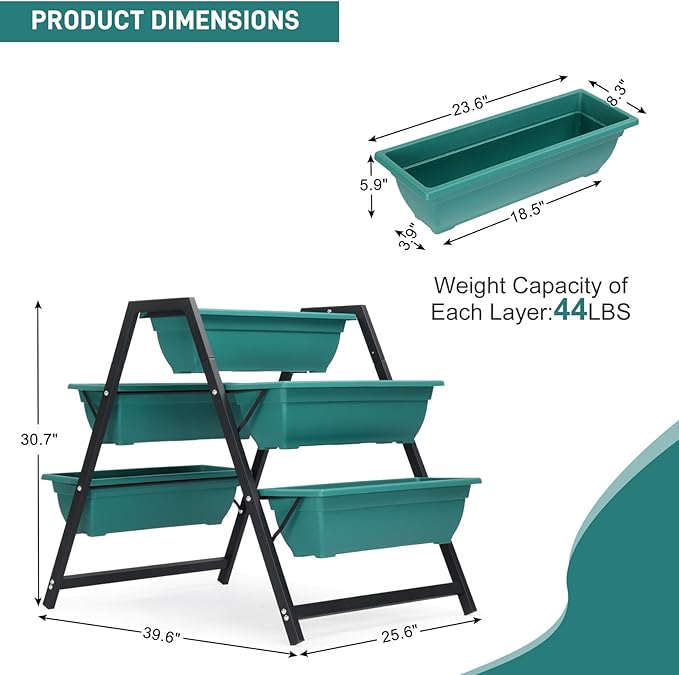 3 Tier Vertical Raised Garden BedPlastic &amp Metal Tiered Planter StandFoldable Indoor/Outdoor Plant Display RackFlower Planter Raised Standwith 5 Boxesfor Patio Lawn Porch Yard Balcony (Green)