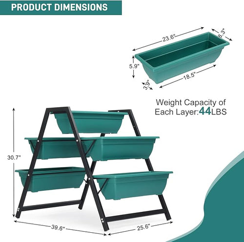3 Tier Vertical Raised Garden BedPlastic &amp Metal Tiered Planter StandFoldable Indoor/Outdoor Plant Display RackFlower Planter Raised Standwith 5 Boxesfor Patio Lawn Porch Yard Balcony (Green)