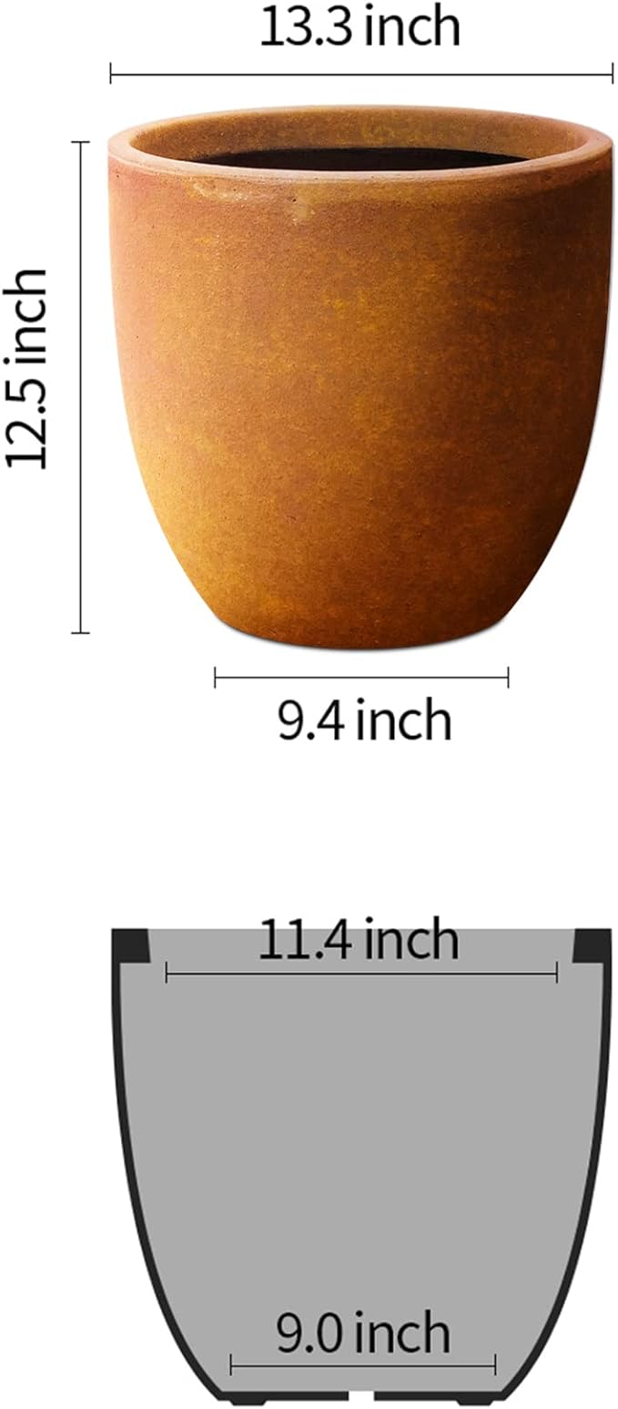 Kante 13.4 Dia Round Concrete Planter Large Outdoor Modern Indoor Decorative Plant Pots with Drainage Hole and Rubber Plug for Home and Garden Iron Oxide