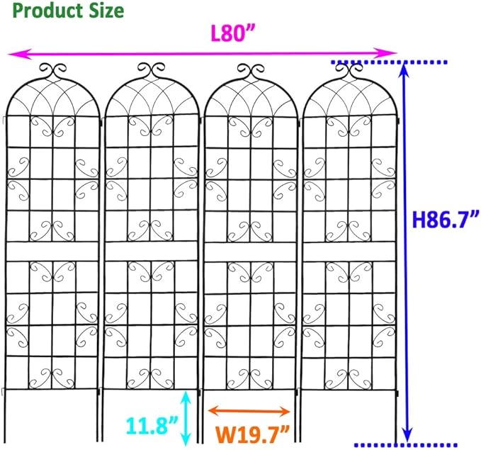 Sturdy Metal Garden Trellis for Climbing Plants – Rust-Resistant Outdoor Plant Support with Decorative Lattice Design (4 Pack-Black)