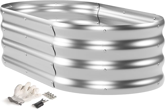 IDZO Large Oval Metal Raised Garden Bed Kit Durable Silver Galvanized Raised Garden Bed Outdoor for Vegetables Herbs Flower Easy to Install with Included Tools 4x2x1 Feet
