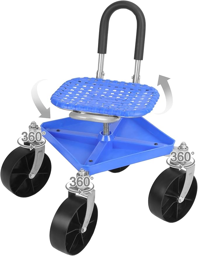 Adjustable Height Garden Mobile Seat with 360° Swivel &amp Storage Tray – Heavy-Duty Steel Rolling Stool 150kg Capacity – for Gardening Garage Indoor/Outdoor Use Blue