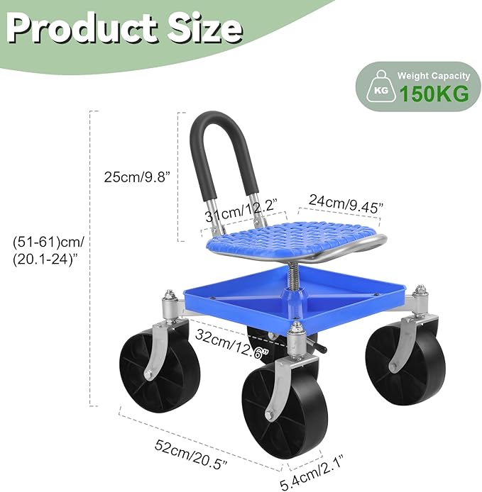 Garden Cart Rolling Stool with Four Wheels and Tool Bag 360° Rotation Stable Workseat Sturdy Cart Adjustable Seat Height &amp Direction for Outdoor Lawn Yard Patio Blue (Blue)