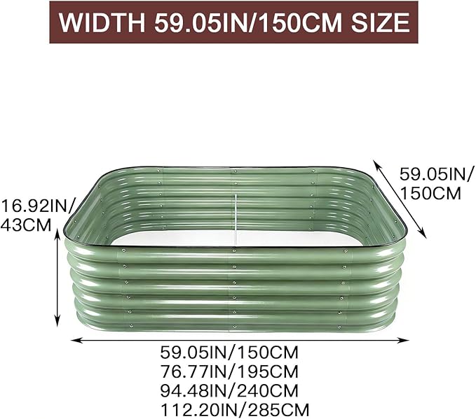 Galvanized Raised Garden Bed OutdoorLarge Raised Bed for GardeningMetal Planter BoxCorrosion Resistant Easy Assemblyfor VegetablesFruitsFlowers (Olive Green150x150x43cm)