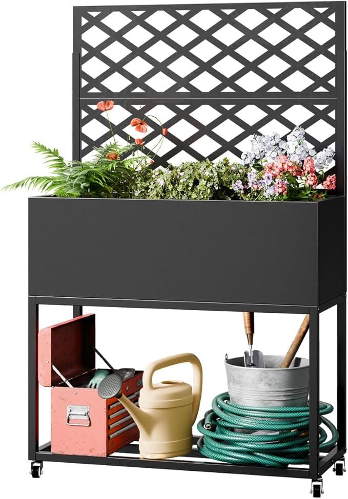 Metal Planter Box with Trellis55 H x35 W Raised Garden Beds with Privacy Screen for Climbing Plants Flower Elevated Standing Planter Garden Bed with Drainage Holes for Outdoor PatioBlack