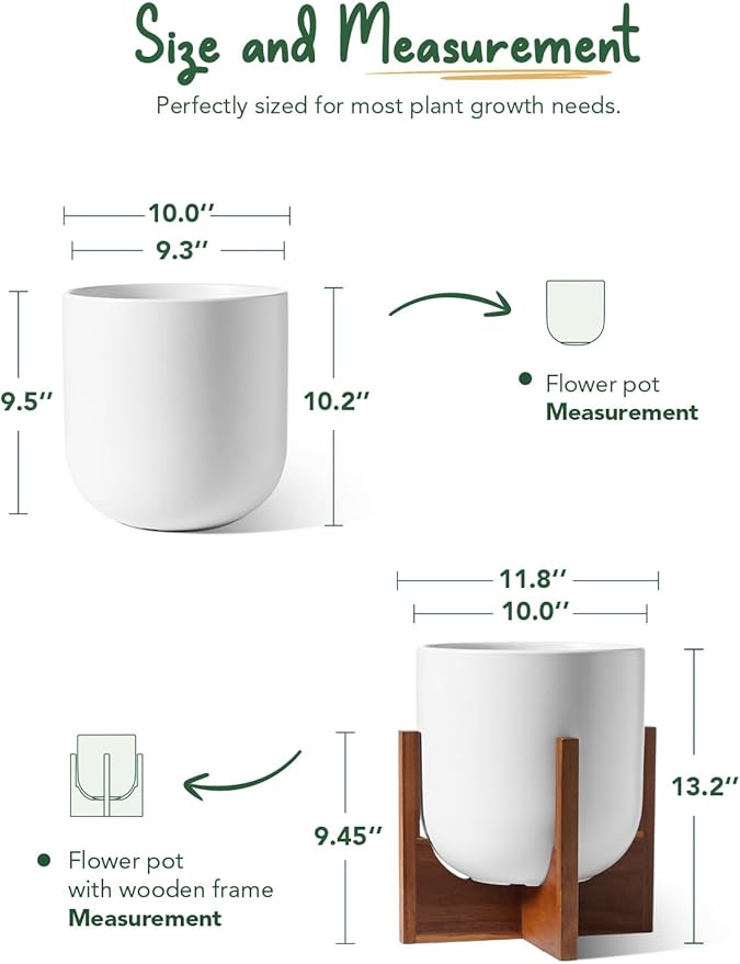 LE TAUCI 10 Inch Plant Pot with Acacia Wood Stand Ceramic Planters for Indoor Plants Unique Plant Pots Indoor for Home Decor Mid-Century Modern Pots for Plants with Drainage Hole and Plug White