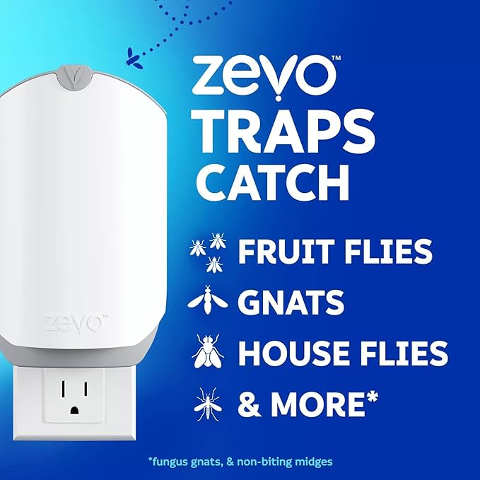 Zevo Flying Insect Trap Fly Trap Fruit Fly Trap (2 Plug-in Bases + 6 Refill Cartridges)