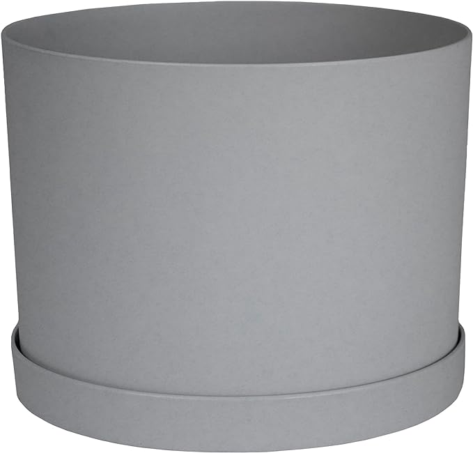 Bloem Mathers Round Planter with Saucer Tray: 6 - Cement - Modern Design Durable Plastic Pot Removable Saucer for Indoor &amp Outdoor Use Gardening .67 Gallon Capacity