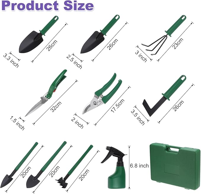 HARFINGTON 1 Set Garden Tool Set 10 Pieces Plastic Gardening Planting Tools Kit with Shovels Rake Scissor Trimmer Water Sprayer and Store Case Green