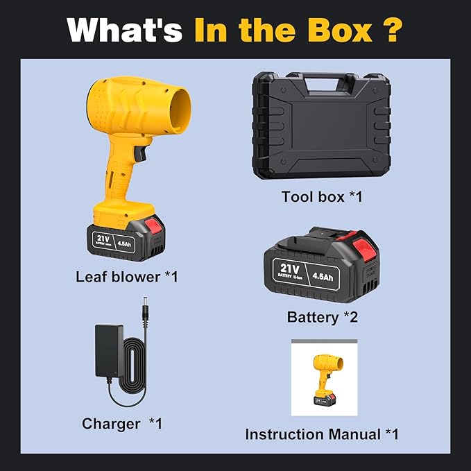 Electric Mini Leaf Blower Powered Handheld Blower Leaf Adjustable Wind Speed Cordless 21V Battery Blower with 2 Rechargeable Batteries and Charger Toolbox for Yard Leaf &amp Snow Removal(Yellow)