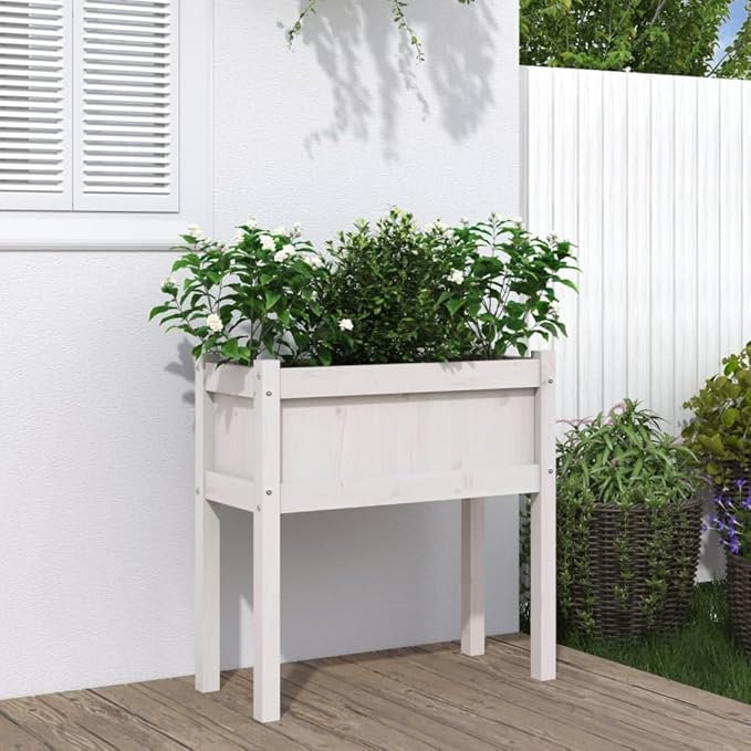 White Solid Pine Wood Garden Planter Rectangular Decorative Inlays 27.6 x 12.2 x 9.6 Inch Capacity Outdoor Raised Garden Bed for Patio Balcony Gardening