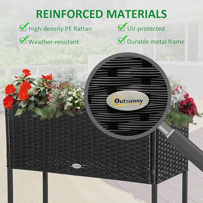 Outsunny Raised Garden Bed Elevated Planter Box with Rattan Wicker Look Tool Storage Shelf Portable Design for Herbs Vegetables Flowers Black