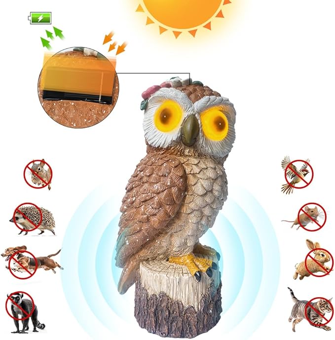 1 KINGO Fake Owl Decoy Bird Deterrents for Outside Solar Powered LED Eyes &amp Ultrasonic Deterrent Scarecrow Owl Decoys to Scare Birds Away Bird Repellent Devices Outdoor Resin Garden Statues