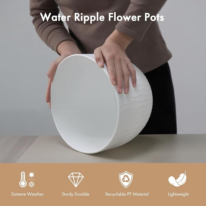 12 Inch Large Plant Pots for Indoor or Outdoor Plants Wide Water Ripples Flower Pots with Drainage Holes &amp Saucer Plastic Planters Set for Garden &amp Home Decor (White)