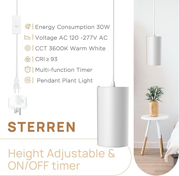 STERREN Pendant Grow Lights30W Full Spectrum Plant Light with On/Off Switch Auto Timer White Plug in Hanging Lights for Indoor Plants with 21 FT Height Adjustable Power Cord