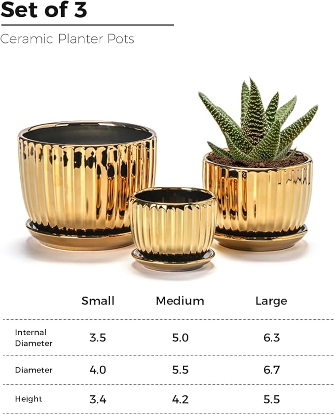 Ton Sin Gold Plant Pots4.1+5.1+6.5 Inch Ceramic Succulent Planters Set of 3 Mini Indoor Flower Pot with DrainageHandmade Decorative Ceramic Orchid and Herb Pots(Gold)