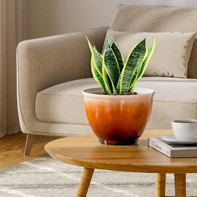 8 Inch Plant Pots with Drainage Hole 4 Pack Plastic Flower Pots Modern Sleek Decorative Planter for Indoor Outdoor Plants Succulent Snake (Orange)