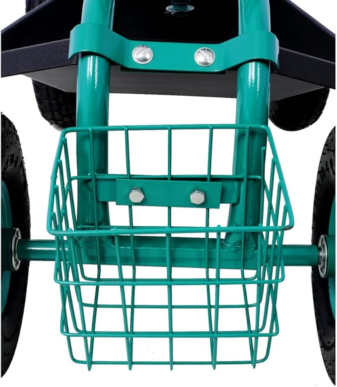 Heavy-Duty Garden Rolling Cart with Adjustable 360° Swivel Seat Tool Tray &amp Rear Storage Basket Steel Frame Large All-Terrain Wheels for Yard &amp Lawn Work (Green + Steel)