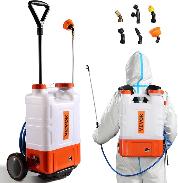 VEVOR 4 Gallon Battery Powered Backpack Sprayer with Wheeled Cart Adjustable 0-94 PSI 13FT Hose 6 Nozzles 2 Wands Included Wide Mouth Lid for Weeding Cleaning Long Spray Time Without Fatigue