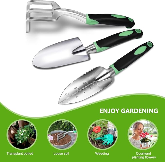 Garden Tool Set 3 Pack Heavy Duty Gardening Kit and Forged Adze Pick