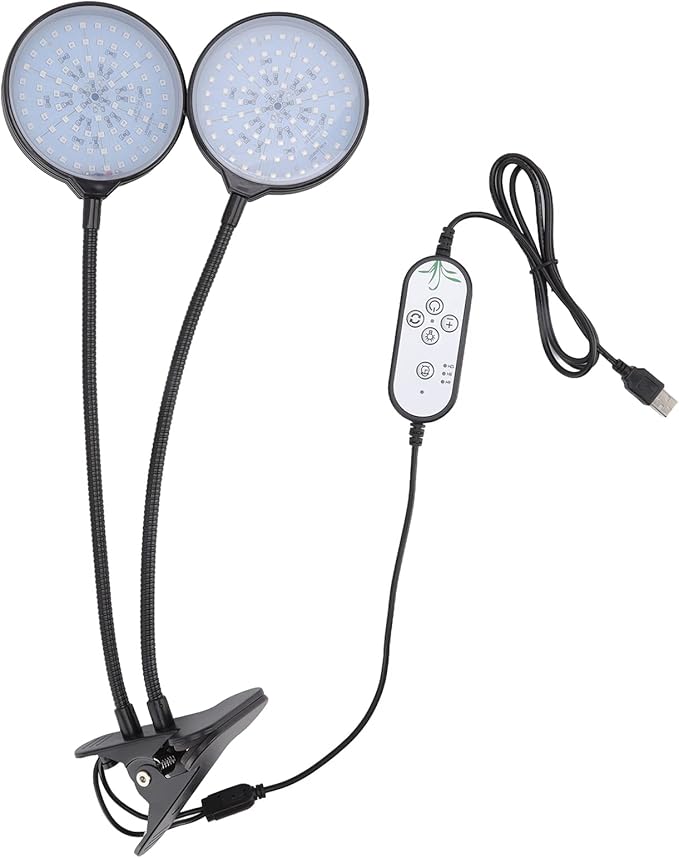 LED Plant Grow Lights 30W Double Head Adjustable Brightness Clip On Grow Lamp with 5 Level Timer for Indoor Plants Hydroponics Greenhouse Gardening