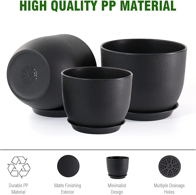 12/10/9 Large Modern Plant Pots Plastic Planters with Drainage Holes and Saucers for Indoor Outdoor Plants Flowers Black
