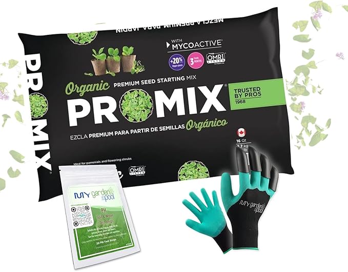 Promix Premier Horticulture Organic Pro Seed Starting Mix 16 qt with My Garden Pool PH Soil Test Strips 20 ct and Gardening Claw Gloves and Garden-IQ Smart Gardening AI Assistant!