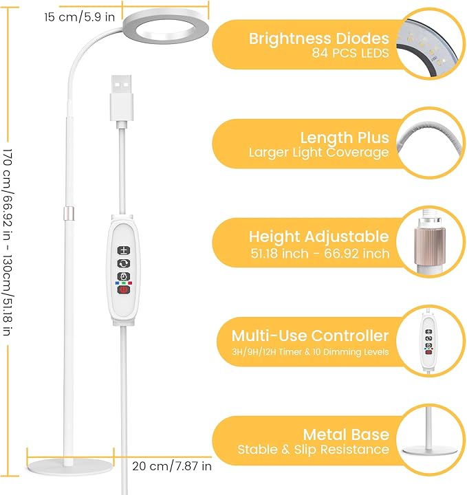 Plant Grow Light for Indoor Plants Full Spectrum Grow Lamp with Pedestal Stand Automatic Timer for 3H/9H/12H Height Adjustable 51-67in White