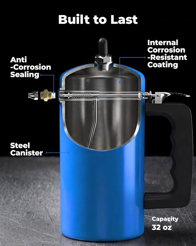 toolant 32 oz Refillable Pressurized Sprayer Steel Canister Rust-Resistant Lining Needle Valve Leak-Resistant 1.0/0.6 mm Nozzles Funnel Included 200 PSI Max for Brake Cleaner &amp Solvents 2