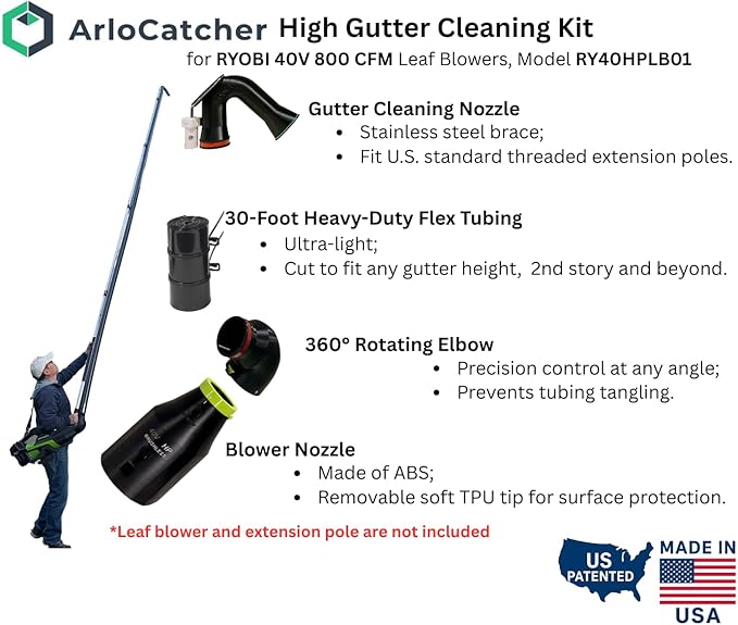ArloCatcher 30-Foot Gutter Cleaning Kit for RYOBI Leaf Blower 40V 800 CFM RY40HPLB01 Leaf Blower– Two-Story Gutter Cleaning Tools from Ground Ladder Free Extension Pole Not Included