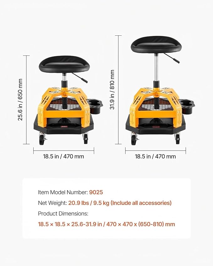 Rolling Shop Stool Heavy-Duty Garage Work Seat 300 Lbs Capacity Adjustable Height Dual Trays 360° Casters
