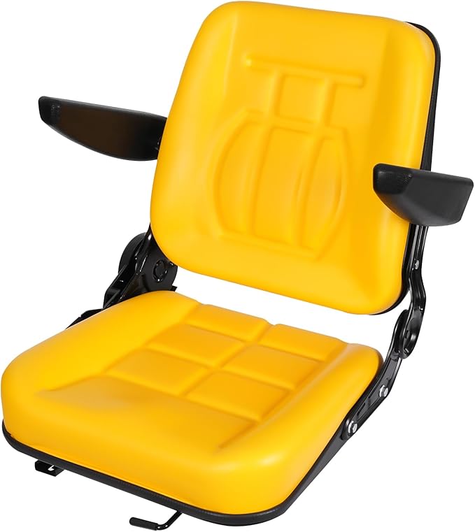 Universal Tractor Seat Forklift Lawn Mower Seat w/Armrests &amp Adjustable Backrest 30 ° -180 ° for Mowers Dozers Aerial Lifts Floor Scrubbers (Yellow)