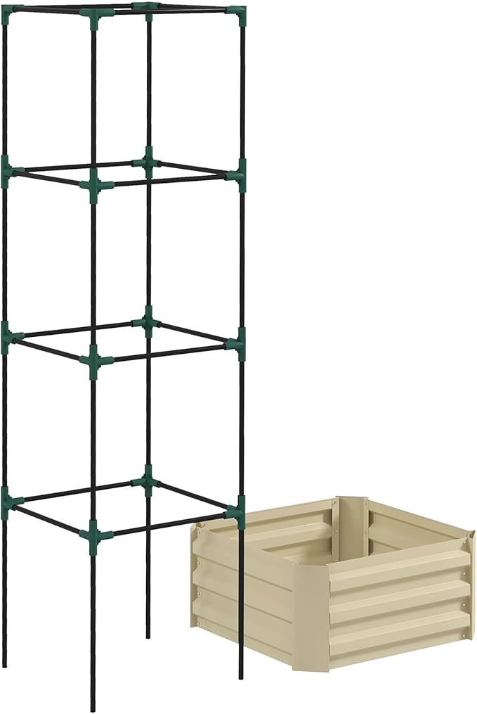 Galvanized Raised Garden Bed 24 x 24 x 11.75 Outdoor Planter Box with Trellis Tomato Cage and Open Bottom for Climbing Vines Vegetables Flowers in Backyard Garden Patio Cream