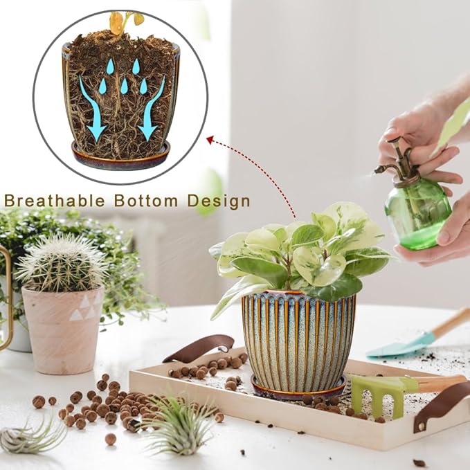 Oairse Ceramic Pots for Indoor Plants 5.7 inch Pots for Plants Set of 2 Brown Planters with Drainage Holes and Saucers Texture Ceramic Planters Indoor Outdoor for Succulent