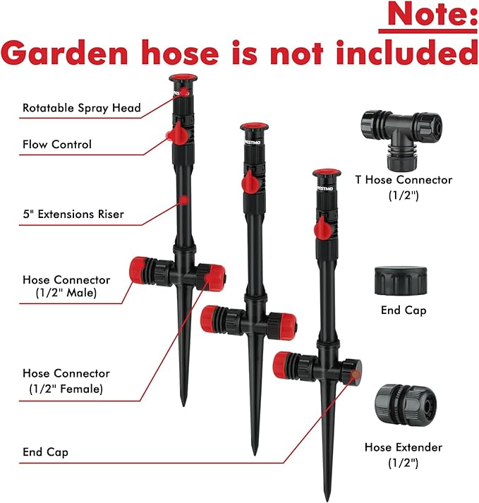 RESTMO Flexible Sprinkler System with Metal Spike Base Above Ground DIY Irrigation Kit Multi-Adjustable Lawn Sprinkler Set Ideal for Plant and Flower Bed Watering Red (Garden Hose Not Included)