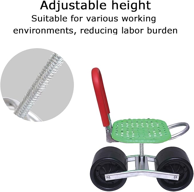Rolling Gardening Work StoolGarden Stool with WheelsLoad-Bearing Capacity 150kgAdjustable Height 22-36cmfor Outdoor Lawn Yard(Red)