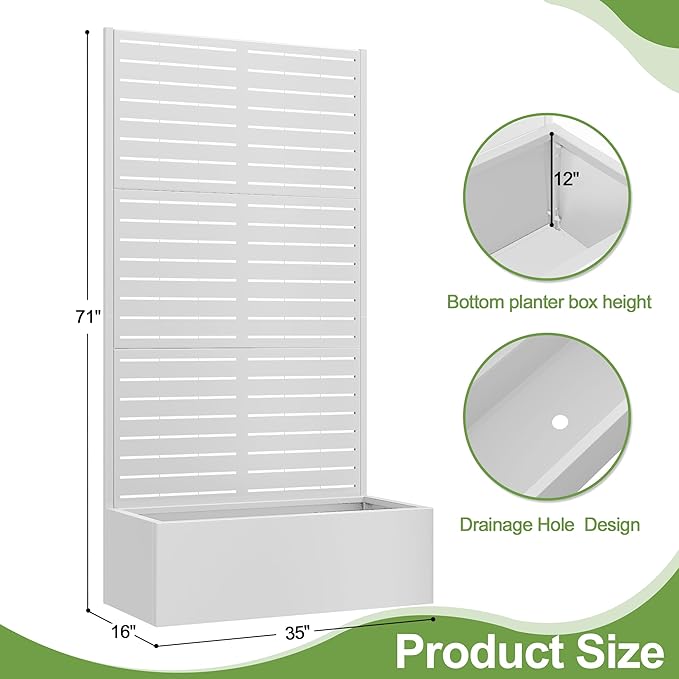 Trellis for Climbing Plants OutdoorMental Garden Bed with Drainage Holes Outdoor Privacy Screen Design Tall planters for herb Flower Vegetables 73x35x16 White-Louvered