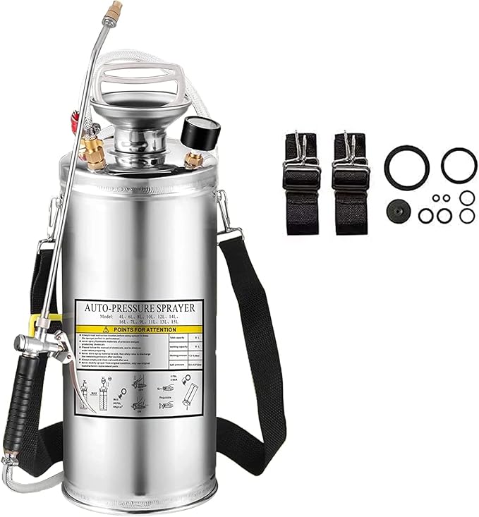 1.5Gal Stainless Steel Pump Up Sprayer Reinforced Hose Hand Pump Sprayer with Pressure Gauge&ampSafety Valve Adjustable Nozzle Suitable for Gardening (1.5 Gallon)