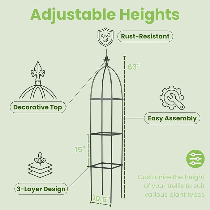 Lancisism 100% Metal Trellis for Climbing Plants Outdoor - Garden Metal Obelisk Trellis Vertical Plant Support for Climbing Vines &amp Flowers - Sturdy Steel Arch Trellis for Potted Plants Indoor Gre