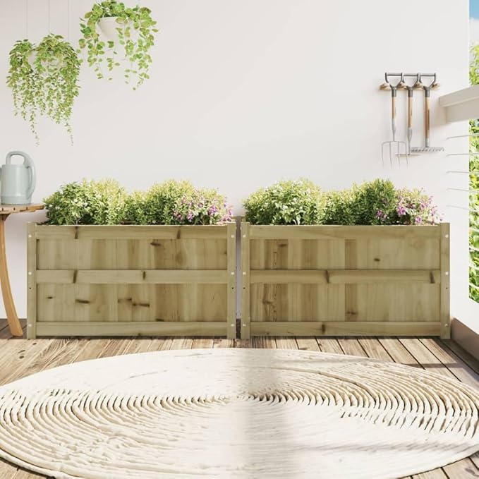 Garden Planter Set of 2 Brown Vacuum Pressure Treated Pinewood 35.4x35.4x19.7 Inch Rectangular Raised Garden Beds Outdoor for Flowers Herbs Vegetables