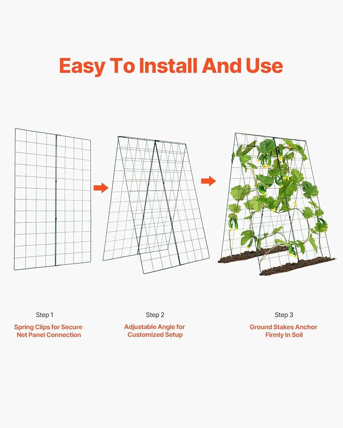VEVOR Cucumber Trellis for Climbing Plants46 H x 32 W Foldable Cucumber Trellis Set with Plant Clips Metal Garden Trellis for Raised Bed Outdoor Plant Grow Support for Tomato Vegetable(2 Pack)