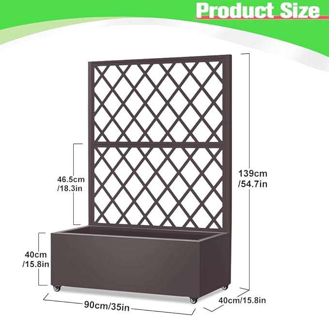 Metal Planter Box with Privacy Screen TrellisGalvanized Raised Garden Bed On Wheels for Climbing Plants Vines Standing Garden Flower Bed with Drainage Holes(Espresso 35 L x16 W x 55 H)