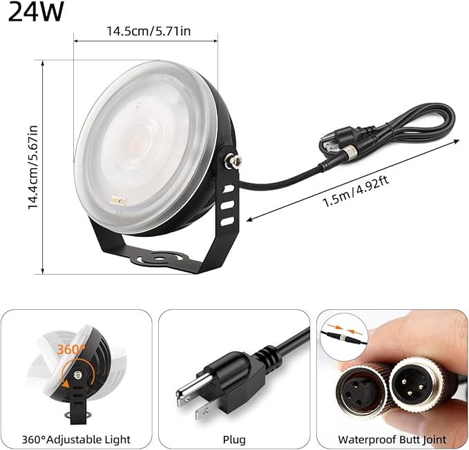 24W LED Edge-Lit Landscape Spotlight IP67 Waterproof 120V 3000K Thickened Aluminum 270° Adjustable Bracket for Yard Garden Tree Architectural Lighting